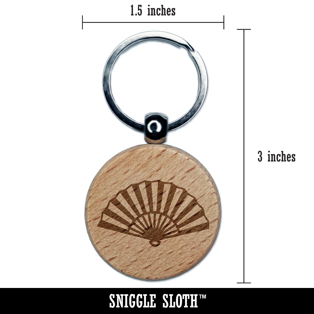 Japanese Fan Engraved Wood Round Keychain Tag Charm
