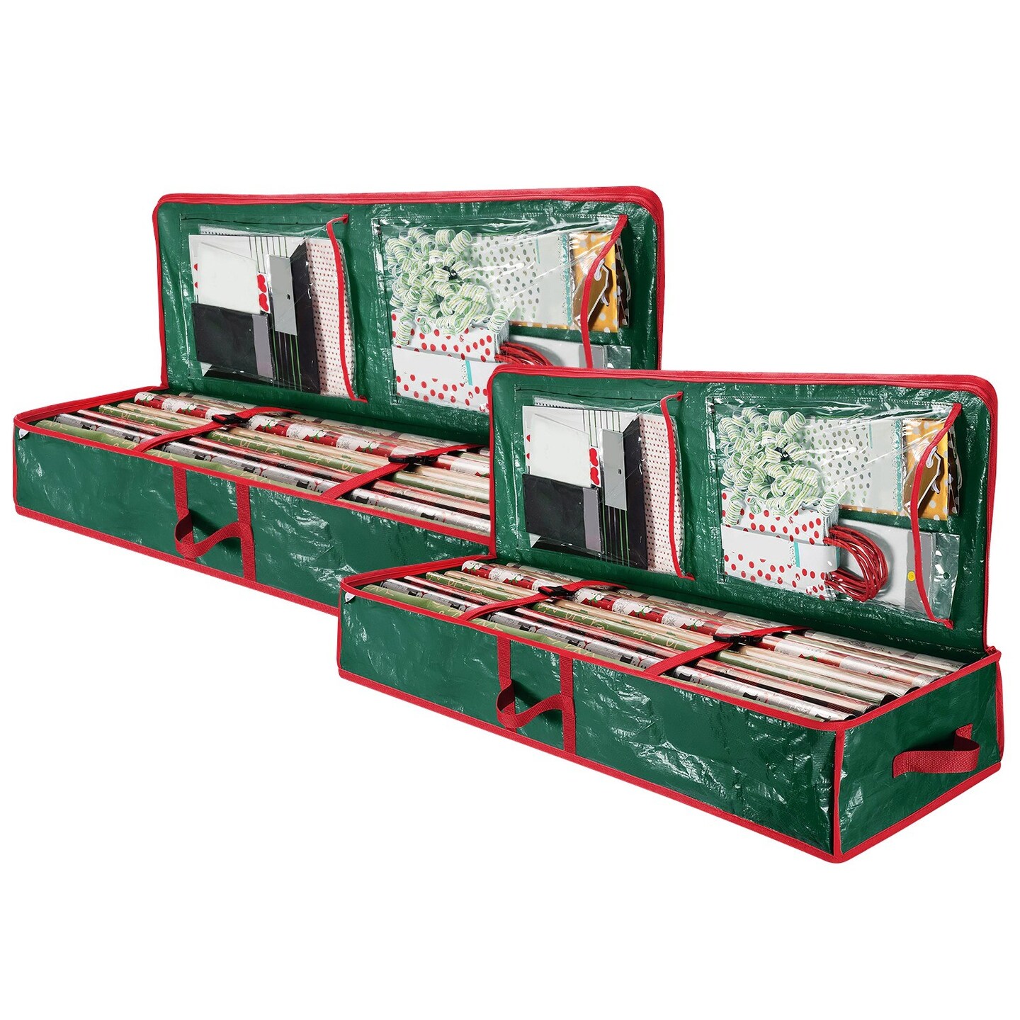 2Pcs Christmas Wrapping Paper Storage Containers Foldable Organizer with Pockets and Handles
