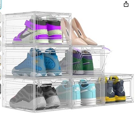 6 Pack X-Large Closet Shoe Organizer Storage Boxes, Modular Space Saving Shoe Boxes White Clear Plastic Stackable Sneaker Containers Display Case