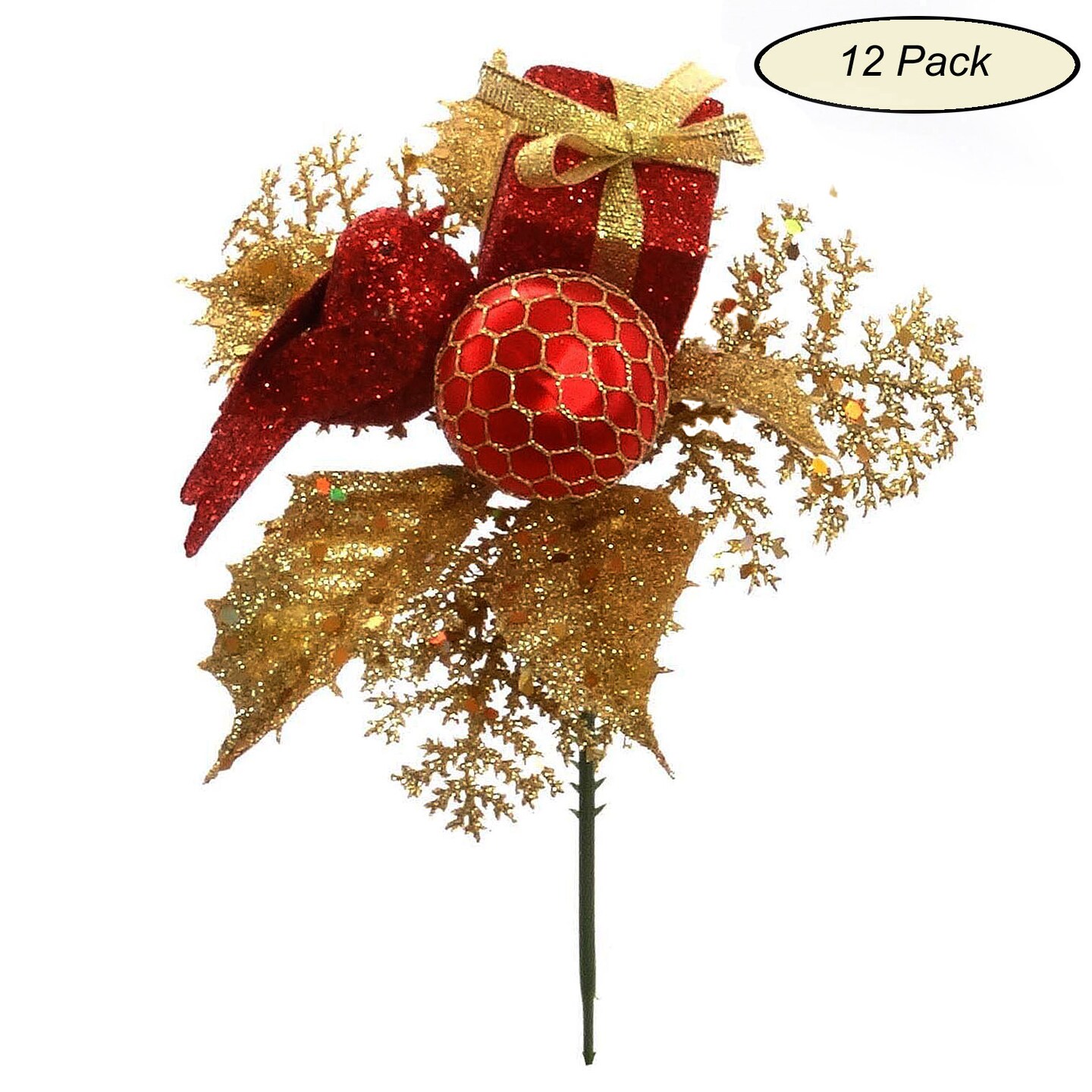 Set of 12 - Red &#x26; Gold Glitter Picks with Dove, Gift Box &#x26; Ball - Christmas Festive Decor for Tree &#x26; Wreath - 2024 Christmas Collection, Floral Home by Artificial Flowers