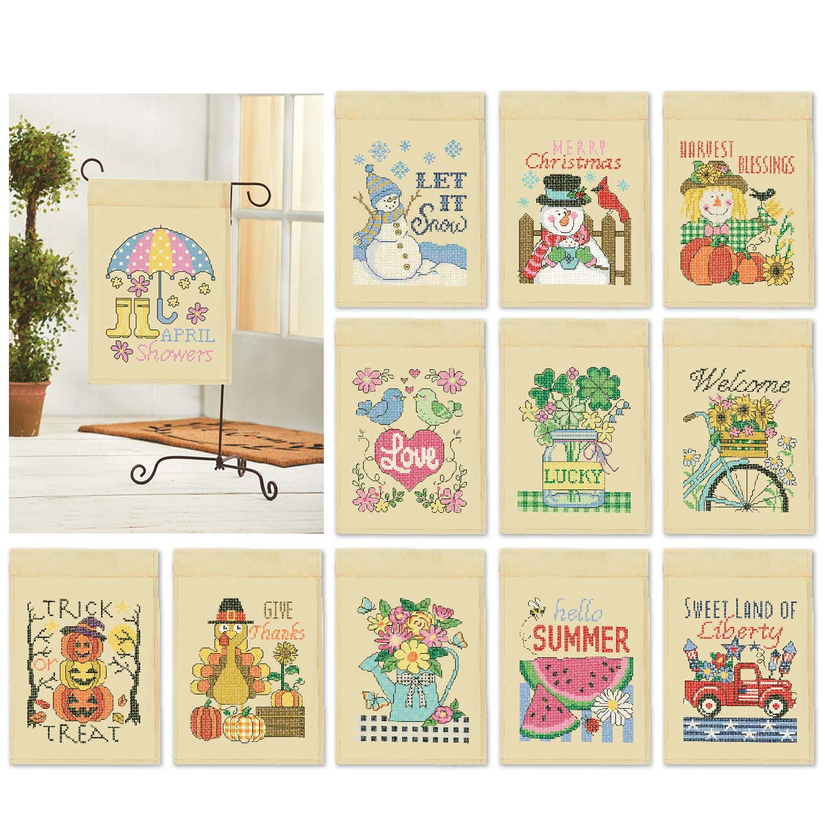 Herrschners  Monthly Porch Flags with FREE Stand Stamped Cross-Stitch