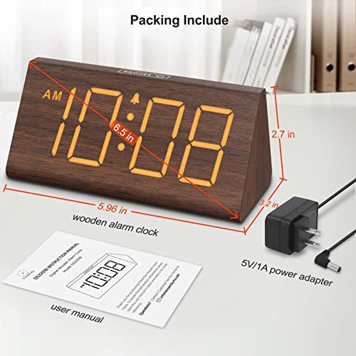 Wooden Digital Alarm Clocks for Bedrooms - Electric Desk Clock with Large Numbers, USB Port, Battery Backup Alarm, Adjustable Volume, Dimmer, Snooze, DST, 12/24H, Wood Décor (Brown)