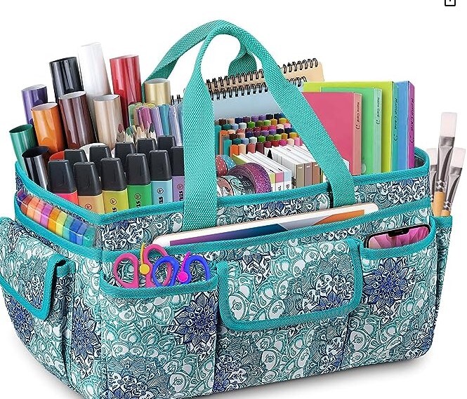 Scrapbooking Carrying Case Storage Caddy with Handle for Sewing, Art, Desktop, Baby Care Supplies (Emerald Illusions) Large Craft Storage Tote Bag with Multiple Pockets