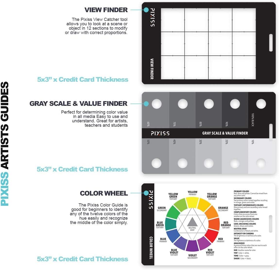 Pixiss Photography Cards and Measuring Lanyard (4 Pack) - Gray Scale Value Finder, Color Wheel, and Scene Composition Flash Cards with Measuring Tape Lanyard