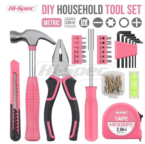 Pink Household DIY Tool Kit for Women (25 Pieces). Small Mini Tool Box Set of Basic Ladies Tools for the Home and Office