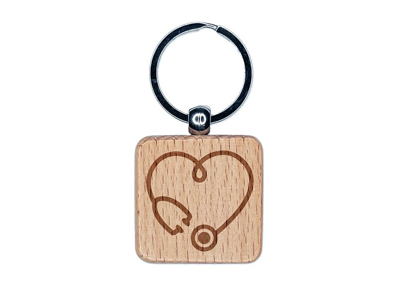 Heart Stethoscope Nurse Essential Worker Doctor Engraved Wood Square Keychain Tag Charm