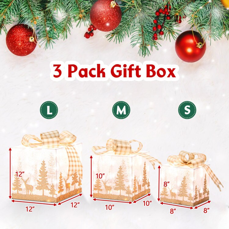 Set of 3 Lighted Christmas Gift Box with 100 Warm White Lights
