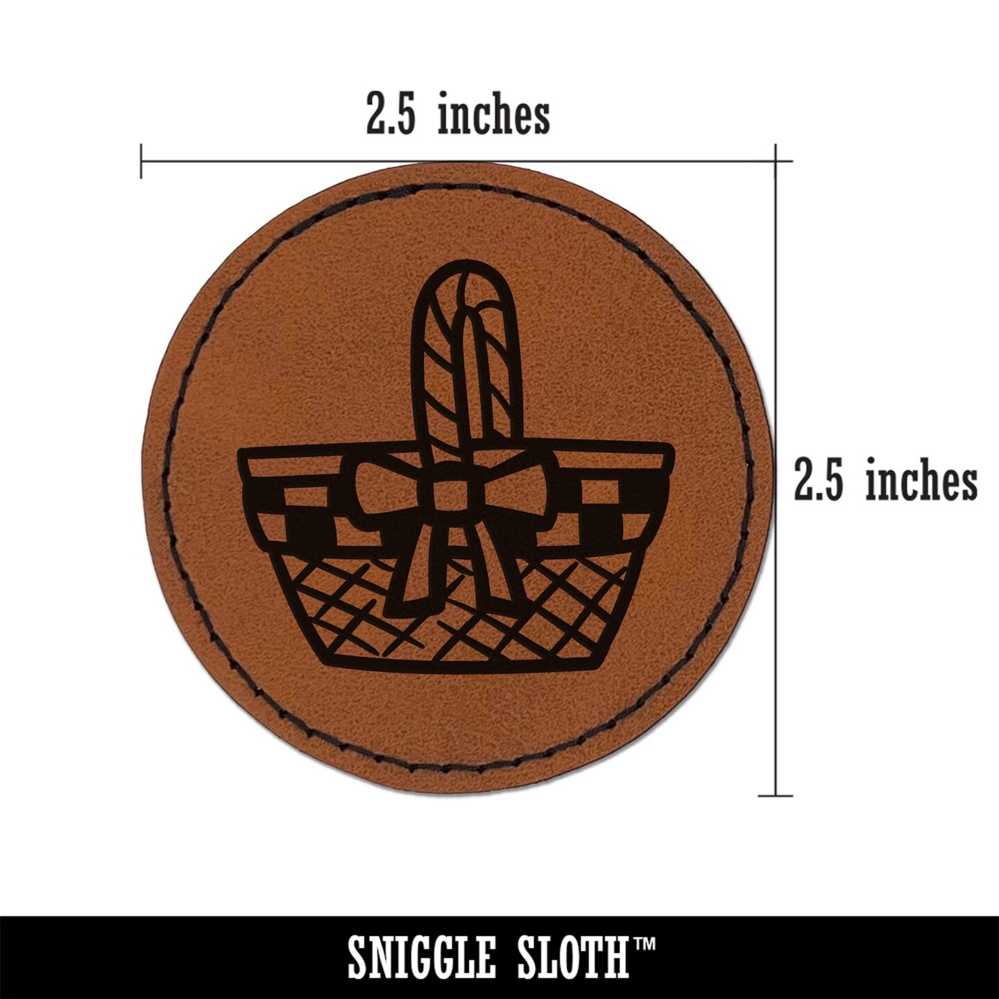 Picnic Basket Plaid Round Iron-On Engraved Faux Leather Patch Applique - 2.5&#x22;