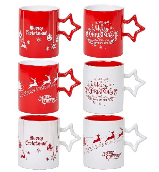 Set of 6 Red and White Christmas Coffee Mugs with Star Handles | Large-sized Christmas Mugs 14 Ounce Novelty Christmas Cups for the New Year - Decorative DIY Cute Christmas Mugs For Hot Or Cold Drinks
