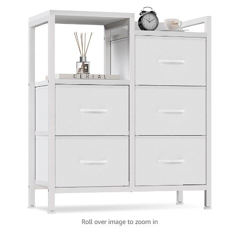 A small chest of drawers with a two-tier side shelf, a white dresser with five storage bins, and fabric tower furniture for the living room, bedroom, foyer, dorm room, and closets.