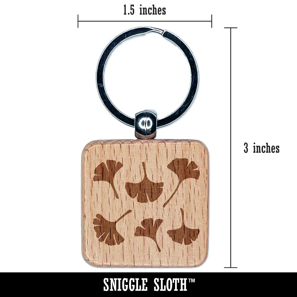 Gingko Leaves Engraved Wood Square Keychain Tag Charm