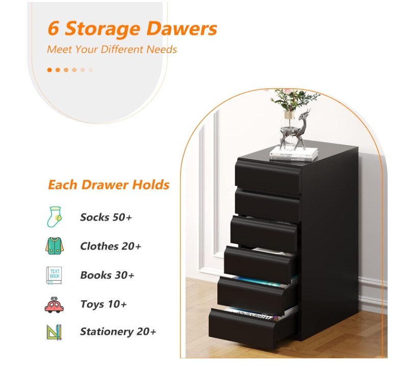 Modern Dresser Chest Storage Cabinet with Metal Sliding Rail, Metal Cabinet with 6 Drawers, 6-Layer Under Desk Storage Drawer for Living Room, Entryway, Office (Black)