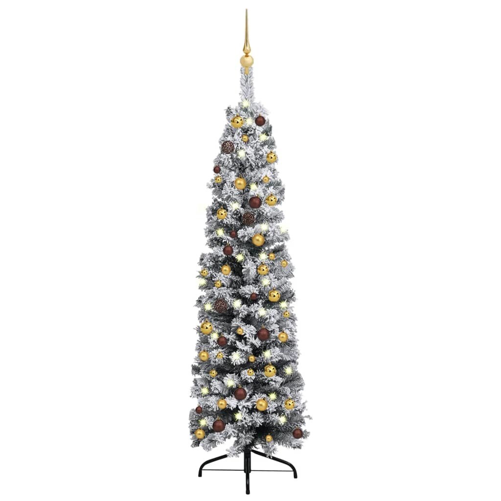Slim Christmas Tree with LEDs&#x26;Ball Set&#x26;Flocked Snow Green
