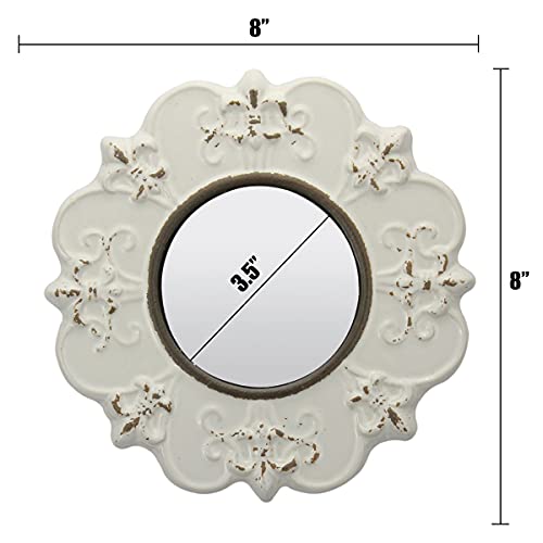 8&#x22; Round Off White Ceramic Accent Wall Mirror with Attached Hanging Loop, Decorative Vintage Decor for the Living Room, Bedroom, Hallway, and Entryway