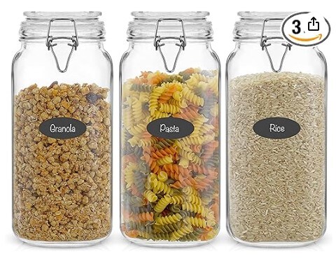 Glass Jars with Lids that are Airtight 78oz Glass Jar with Lid and 6 Silicone Seals in a Set of 3! Glass Food Storage Containers in Bulk. Containers for Candy, Flour, and Pasta in a Square Mason Jar