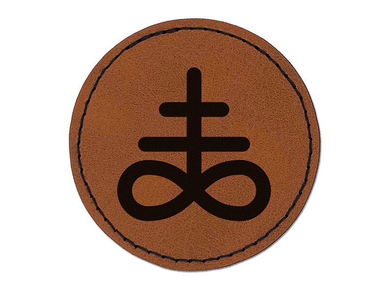Sulfur Brimstone Alchemy Leviathan Satan Cross Round Iron-On Engraved Faux Leather Patch Applique - 2.5&#x22;