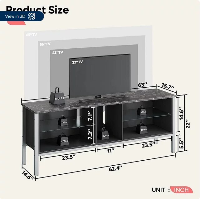 LED Entertainment Center for PS4 with Storage Cabinet, Black Marble, Modern TV Stand for TVs up to 75&#x22;