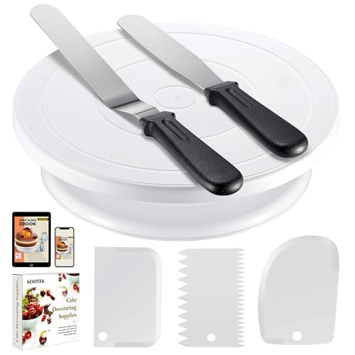 Kootek Cake Decorating Kit Baking Supplies Cake Turntable with 2 Frosting Straight Angled Spatula 3 Icing Smoother Scrapers Baking Accessories Tools for Beginners and Pros, White