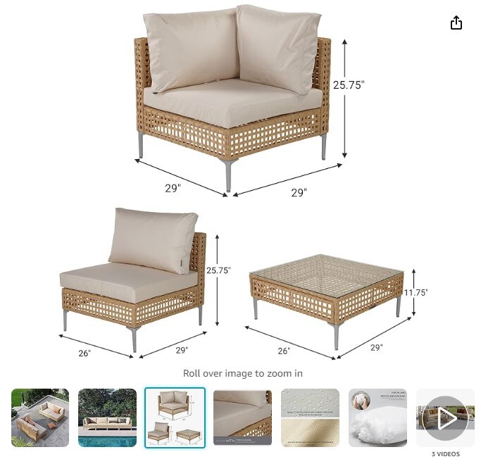 4-Piece Wicker Patio Furniture Set, All-Weather Outdoor Sectional Sofa with Water Resistant Beige Thick Cushions (Coffee Table Not Included)