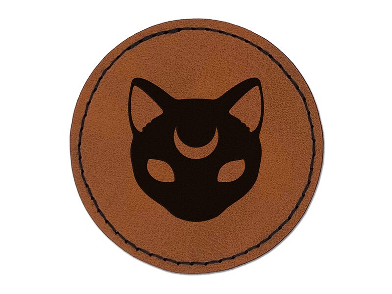 Witch Cat Head with Moon on Forehead Round Iron-On Engraved Faux Leather Patch Applique - 2.5&#x22;