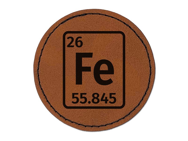 Iron Periodic Table of Elements Science Chemistry Round Iron-On Engraved Faux Leather Patch Applique - 2.5&#x22;