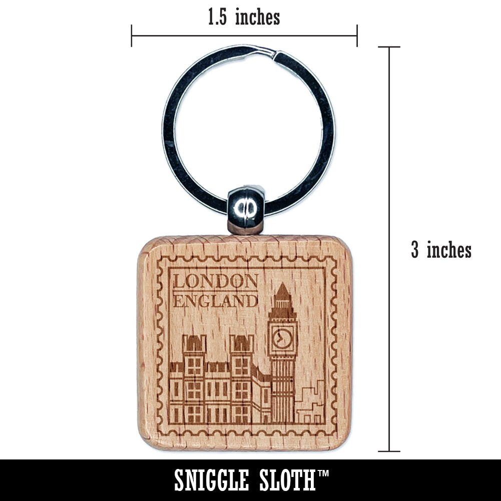 Big Ben London England Destination Travel Engraved Wood Square Keychain Tag Charm