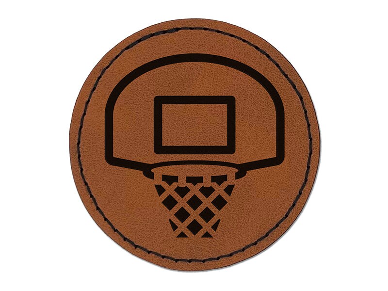 Basketball Hoop and Backboard Round Iron-On Engraved Faux Leather Patch Applique - 2.5&#x22;