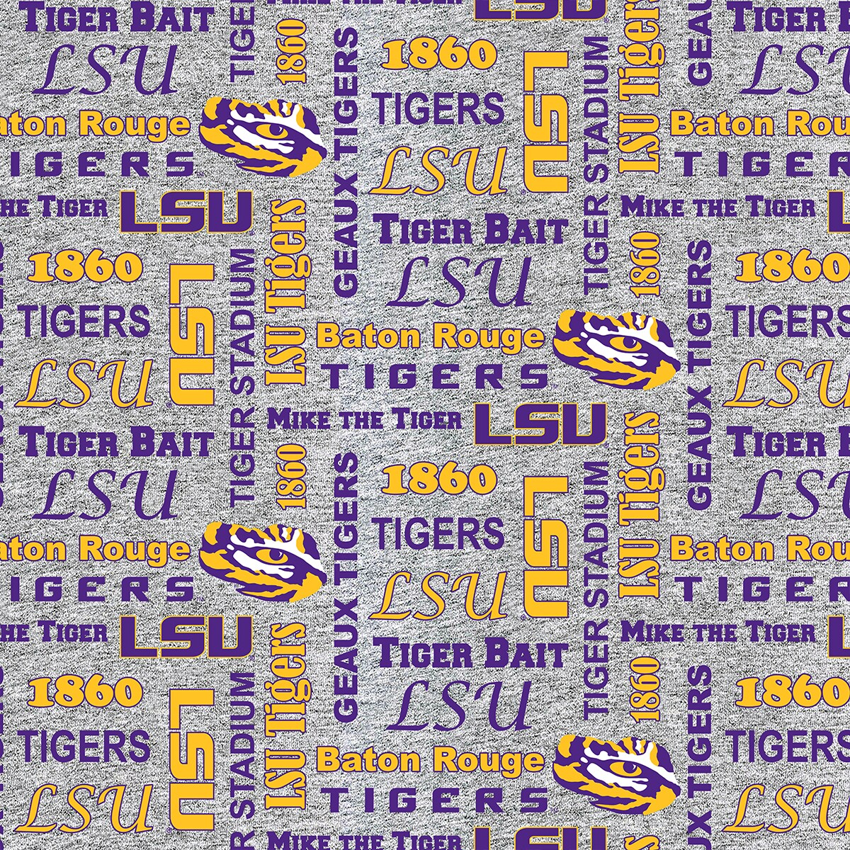 Sykel Enterprises-Louisiana State University Fleece Fabric-LSU Tigers Heather Verbiage Fleece Blanket Fabric-Sold by the yard