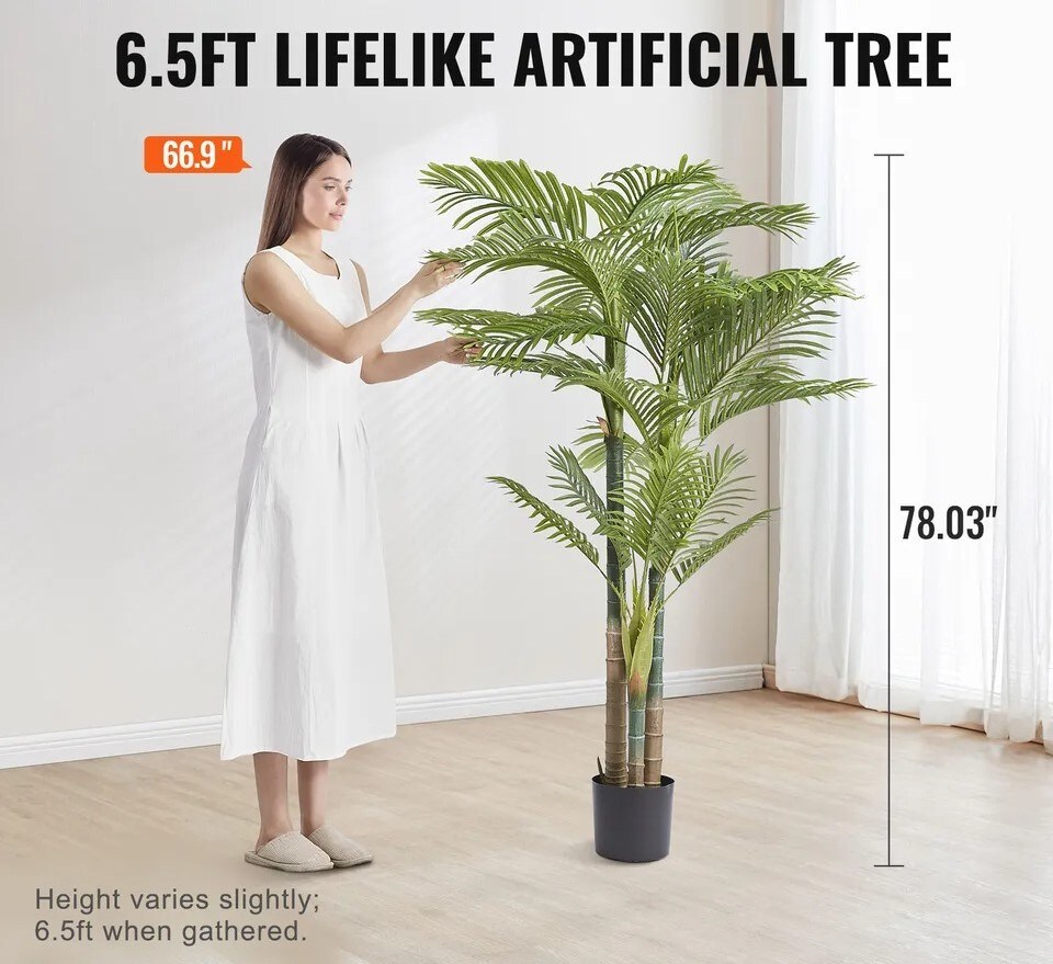 6.5 Feet Artificial Golden Cane Palm Tree Faux Plant Indoor Outdoor Home Decor