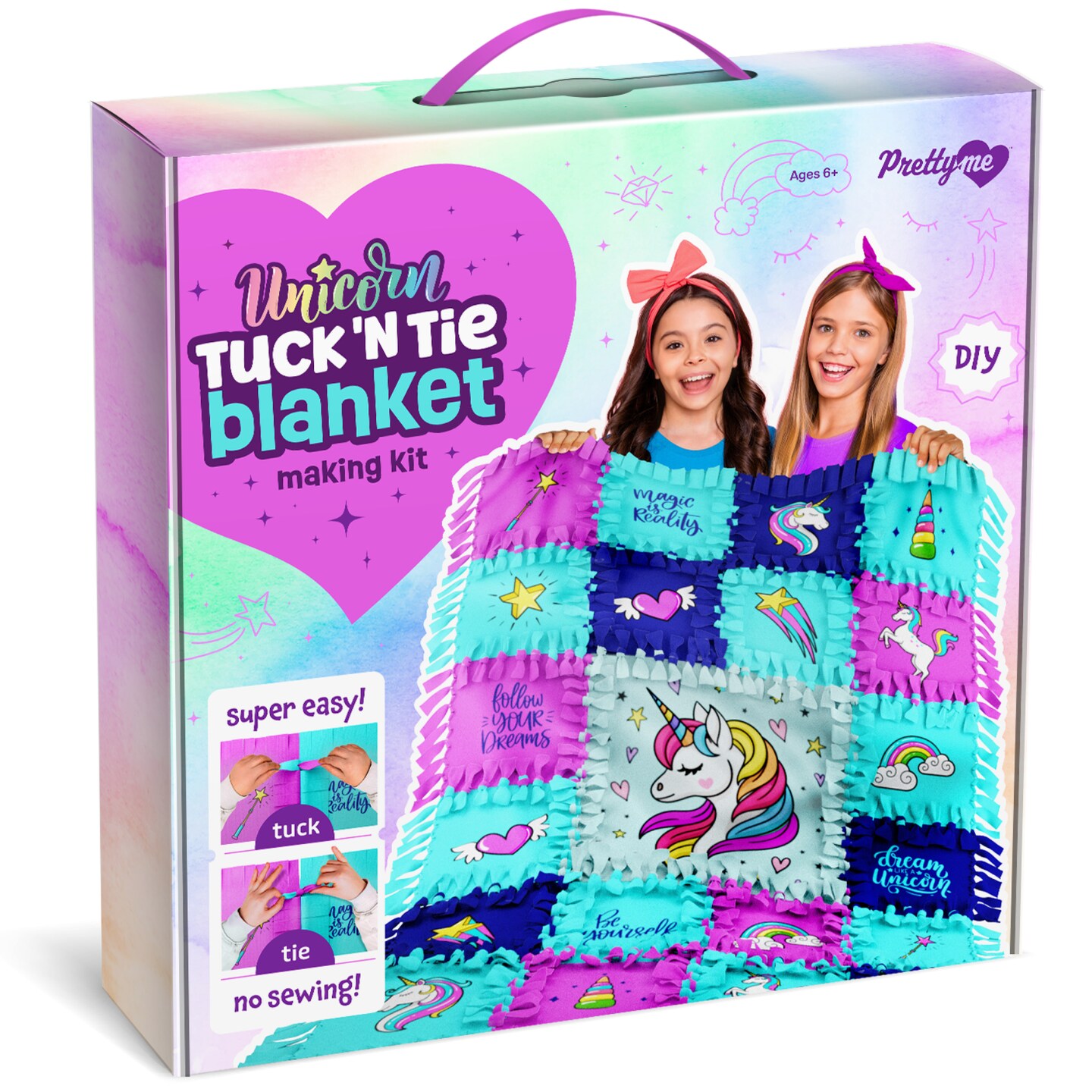 Pretty Me Unicorn Tuck N&#x27; Tie Fleece Blanket Kit - DIY Crafts for for Girls Ages 6+ Year Old - Best Arts &#x26; Craft Girl Gifts Ideas - No Sew Blanket Making Kit - Kids Crafts Gift Toys Kits