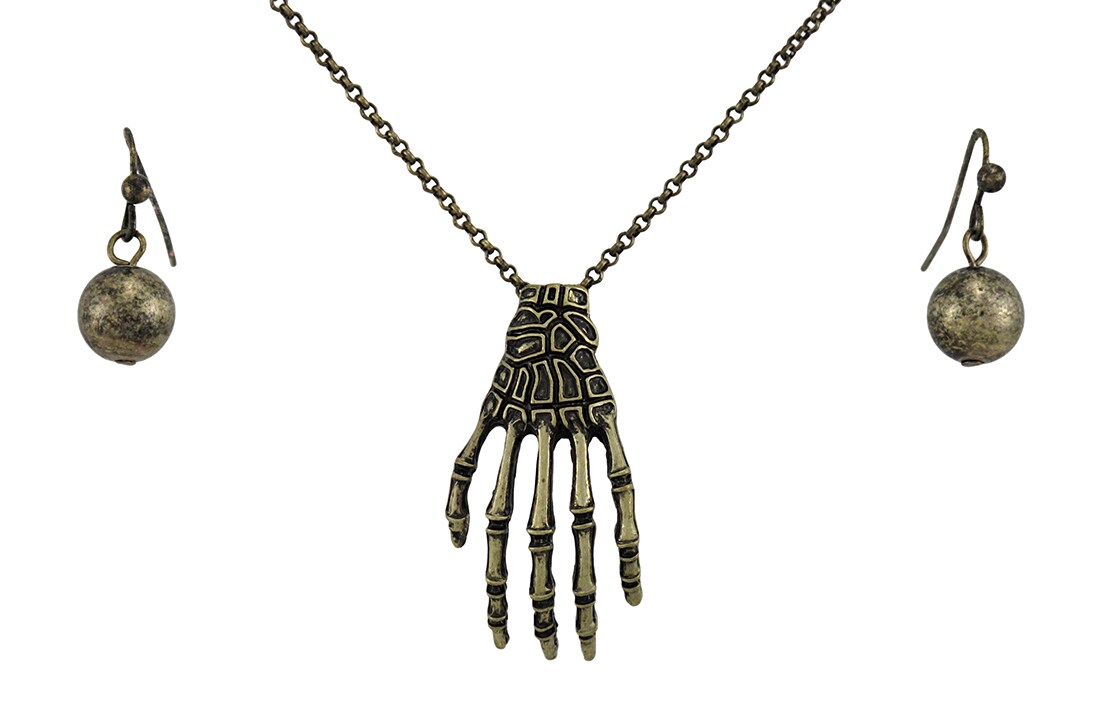 Burnished Gold Skeleton Hand and Ball Earring Set