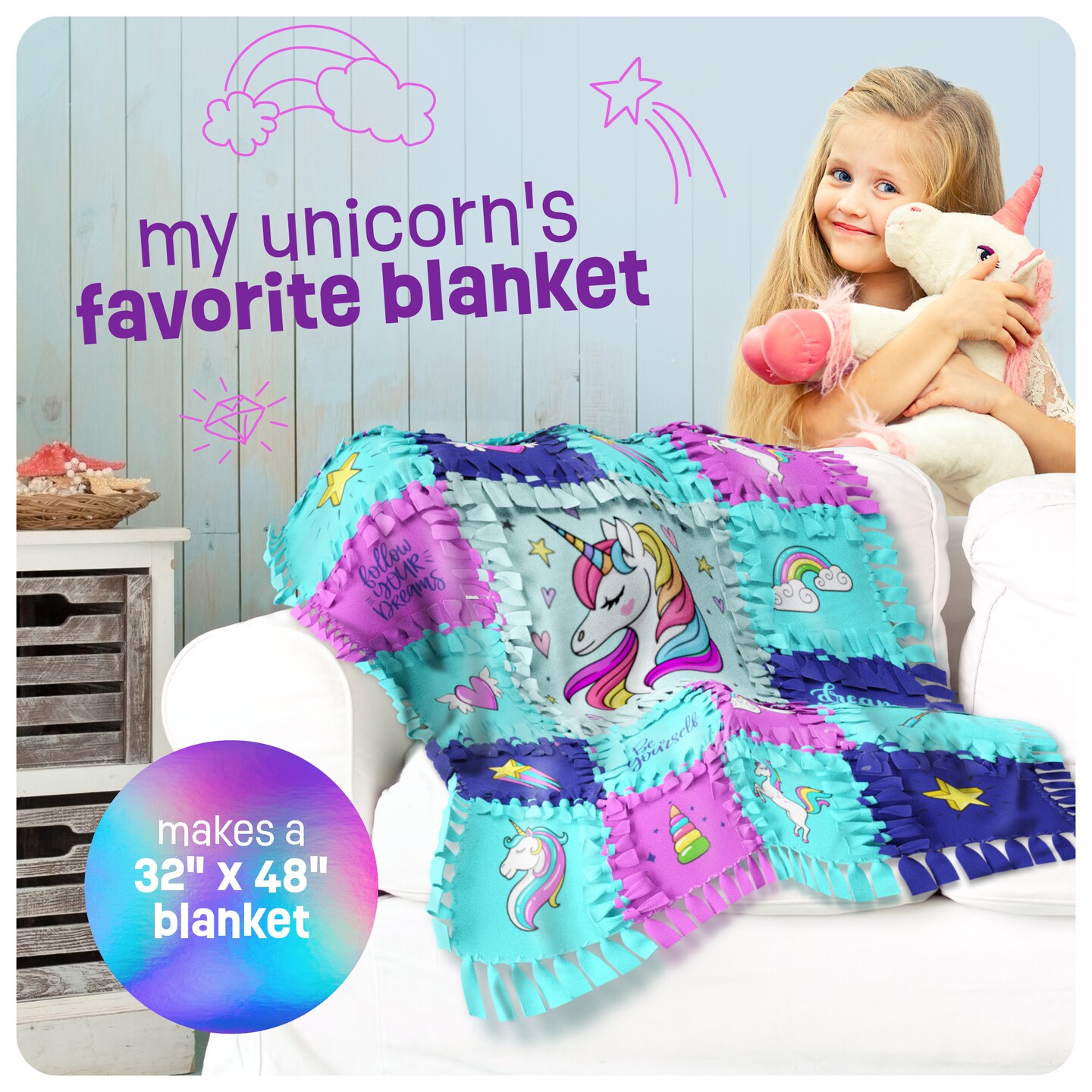 Pretty Me Unicorn Tuck N&#x27; Tie Fleece Blanket Kit - DIY Crafts for for Girls Ages 6+ Year Old - Best Arts &#x26; Craft Girl Gifts Ideas - No Sew Blanket Making Kit - Kids Crafts Gift Toys Kits