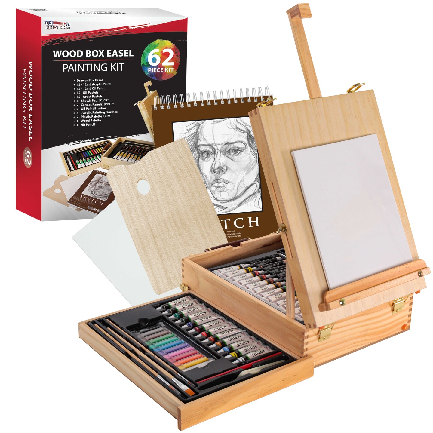 U.S. Art Supply 62Piece Artist Painting Set with Wood Box Easel, 12