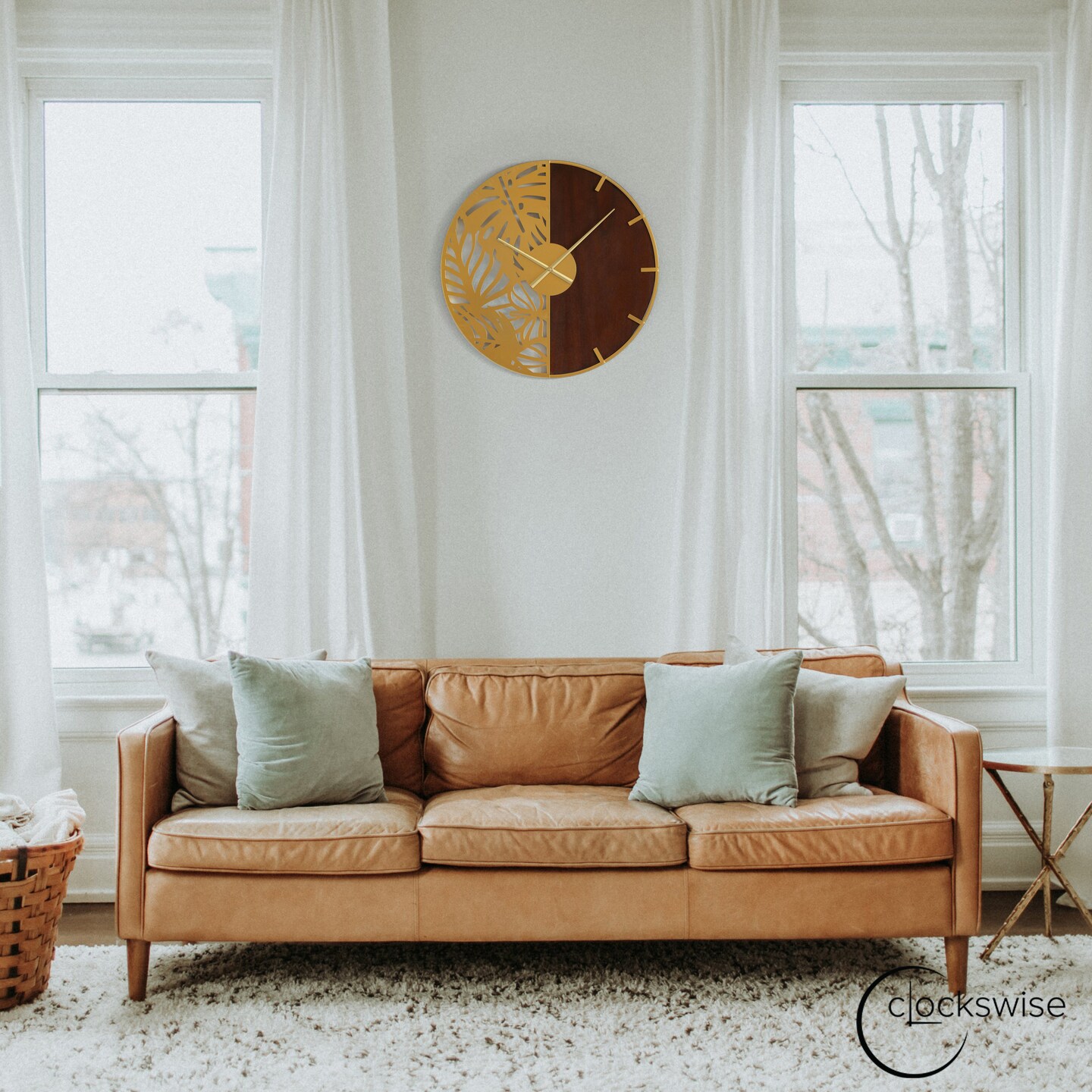 23.6&#x201D; Modern Round Big Wall Clock, Decorative brown wood and gold Metal with Leaf Cutout Oversize Timepiece for Entryway Office Living Room Bedroom or Kitchen, Hanging Supplies Included, Unique Elegant Home Decor