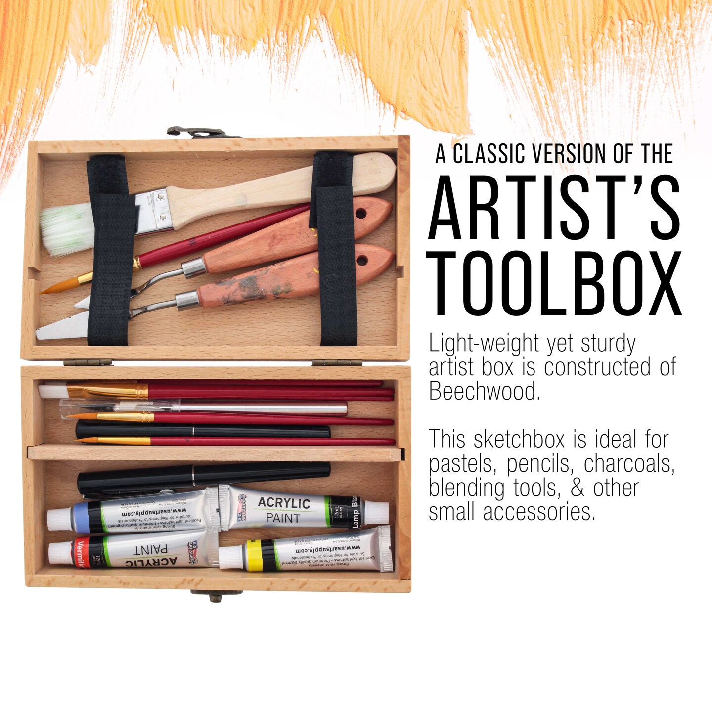 Small Beechwood Artist Tool and Brush Storage Box with Locking Clasp