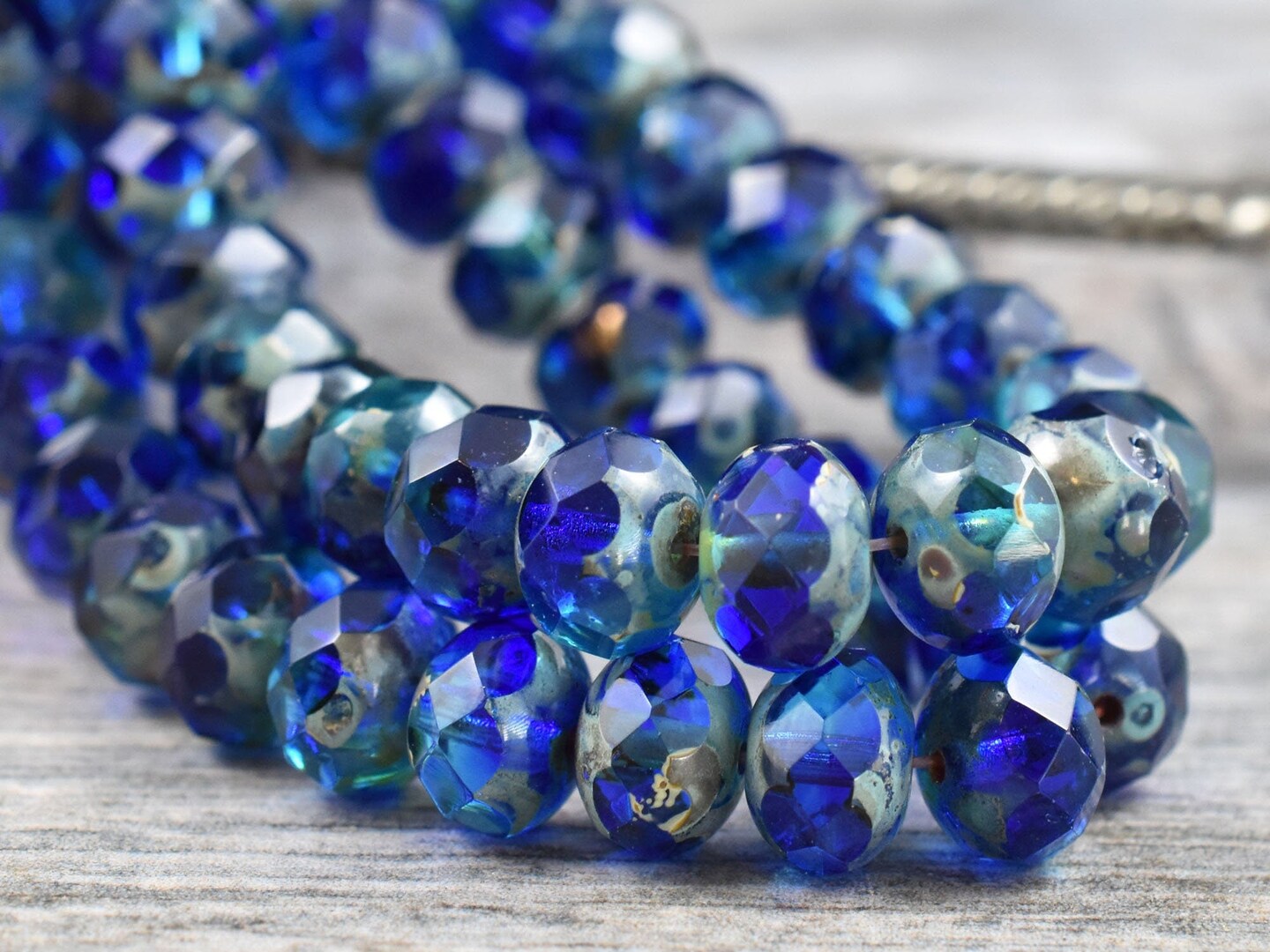 Sapphire Aqua Picasso Fire Polished Rondelle Beads - 5x7mm or 6x8mm