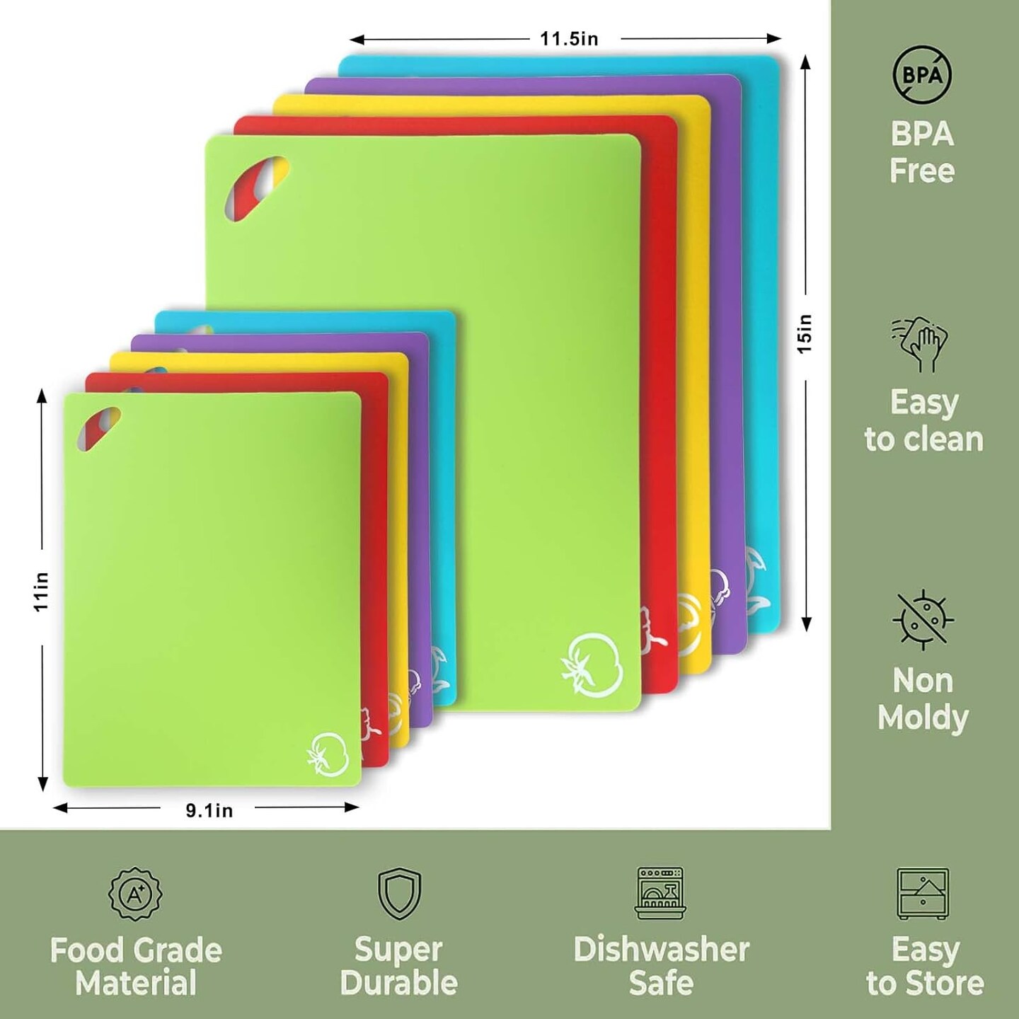 Multi-Color Flexible Cutting Board &#x26; Hooks 10 Piece Set