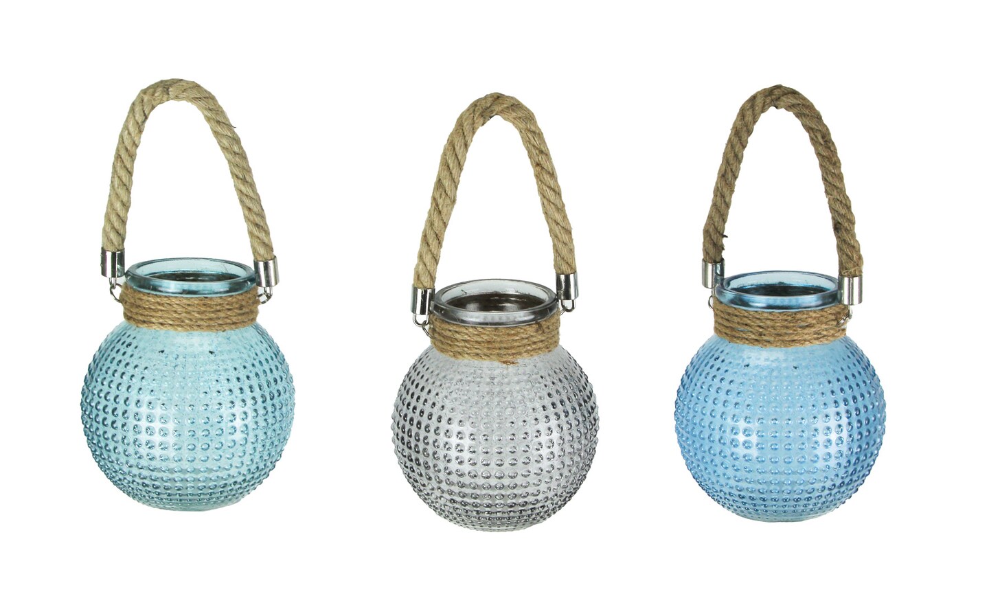 Set of 3 Hobnail Beaded Glass  Tealight Candle Lanterns with Rope Handles