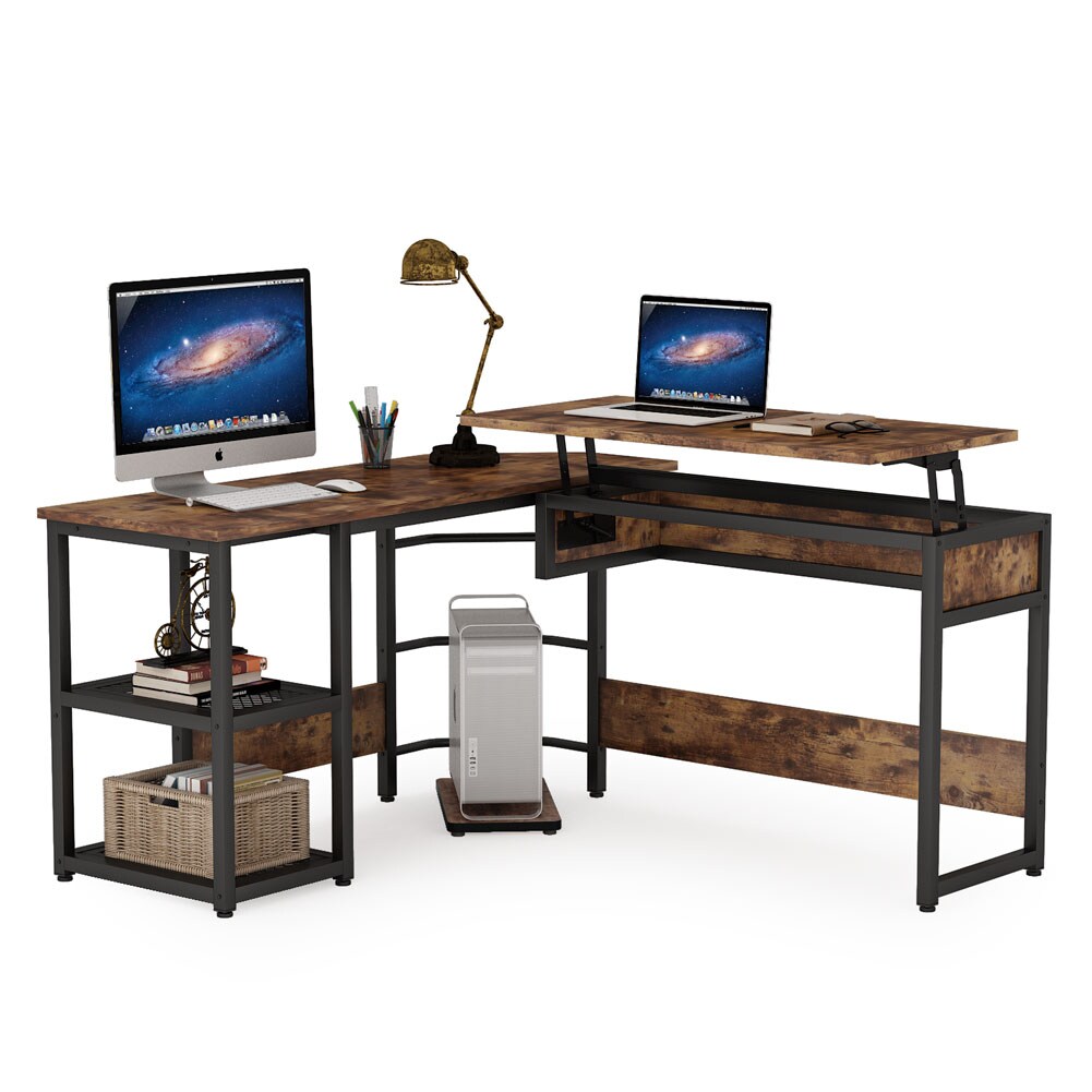 Tribesigns L Shaped Desk with Lift Top Rustick Sit to Stand Corner Computer Desk with Storage Shelves Rustic Height