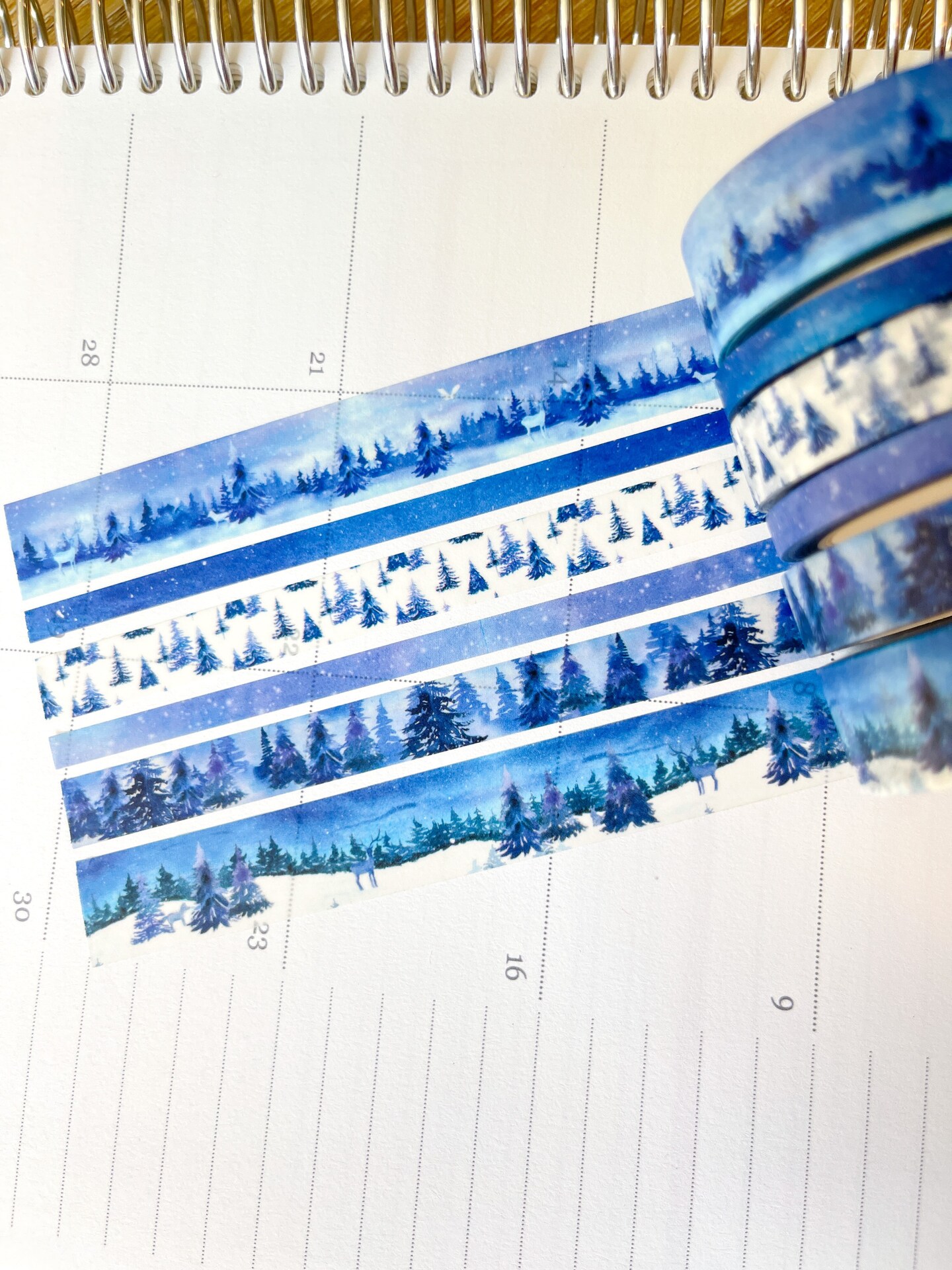 Snow &#x26; Forest Animals Navy Blue Trees Washi Tape Set (#W075)