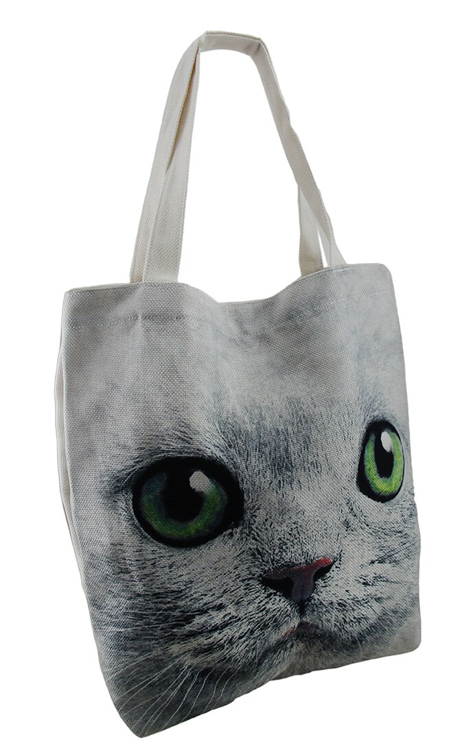 Up Close and Enlarged Green Eyed Cat Face Large Canvas Tote Bag