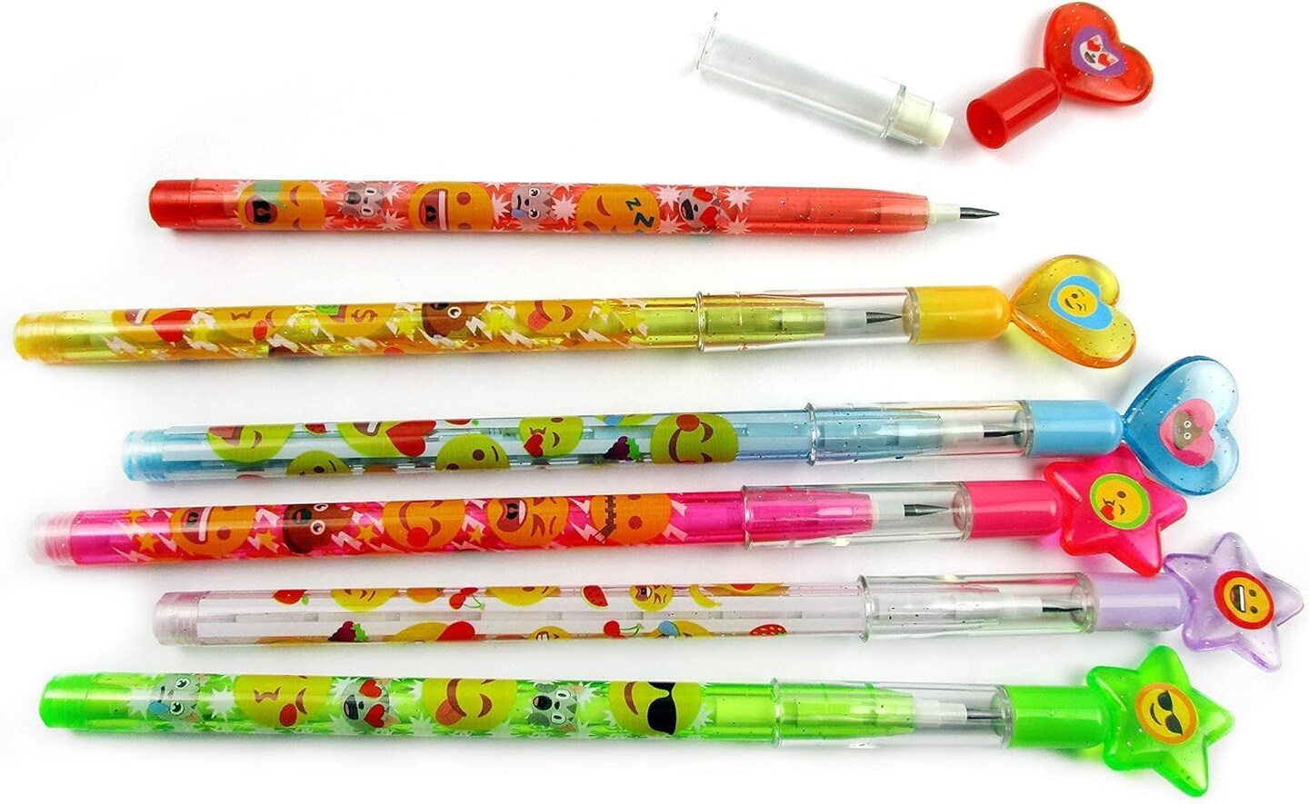 TINYMILLS Emoji Birthday Party Favor Set (12 multi-point pencils, 12 stampers, 12 sticker sheets, 12 small spiral notepads) Emoji Pencils Emoji Stampers Emoji Notepads Emoji Stickers