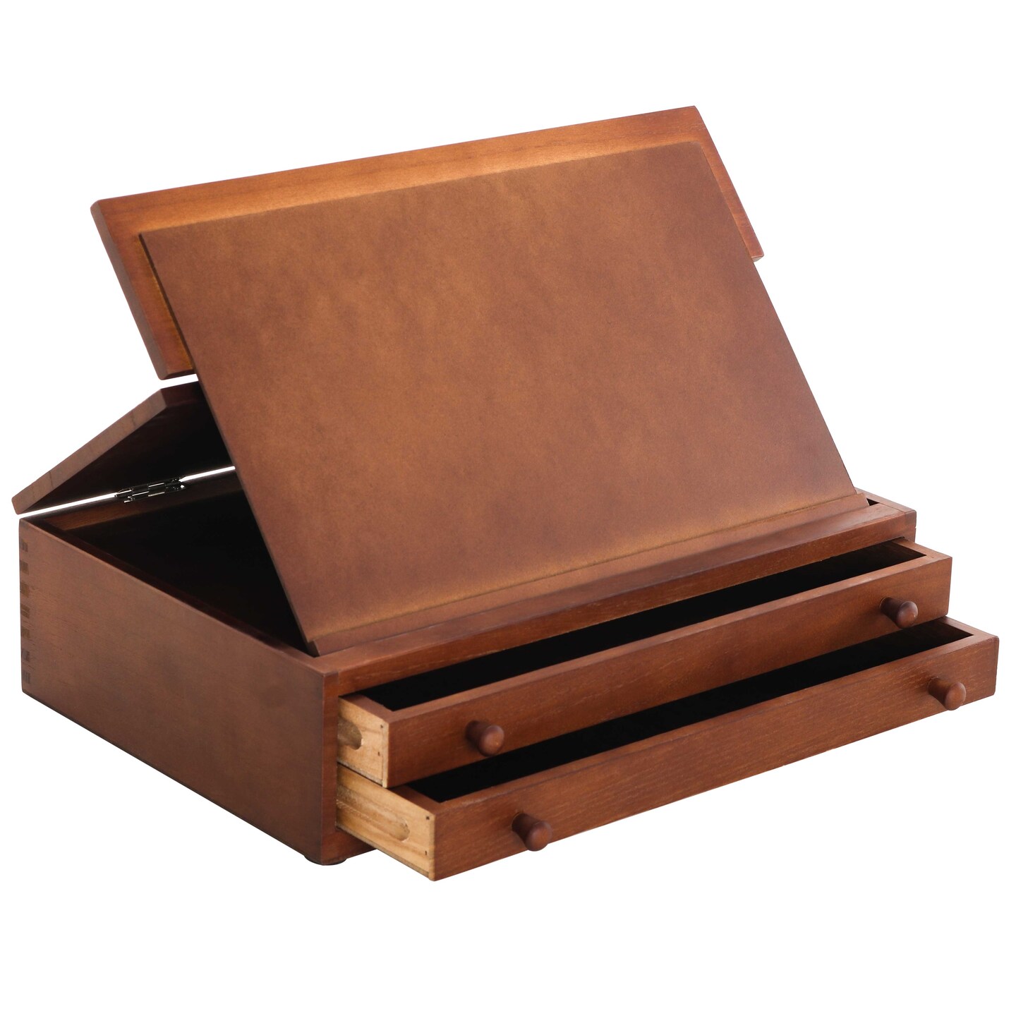 Walnut 2-Drawer Adjustable Wooden Storage Box with Fold Up Solid Drawing Easel