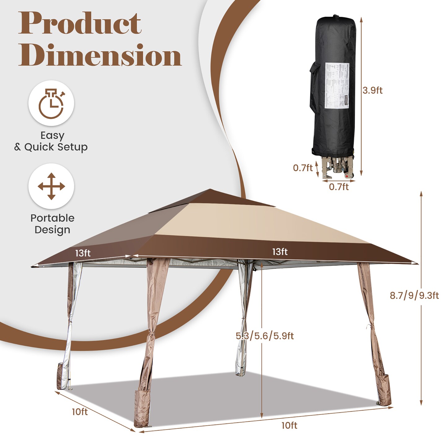 Costway 13&#x27;x13&#x27; Patio Pop-Up Gazebo Canopy Tent Portable Instant Sun Shelter Coffee