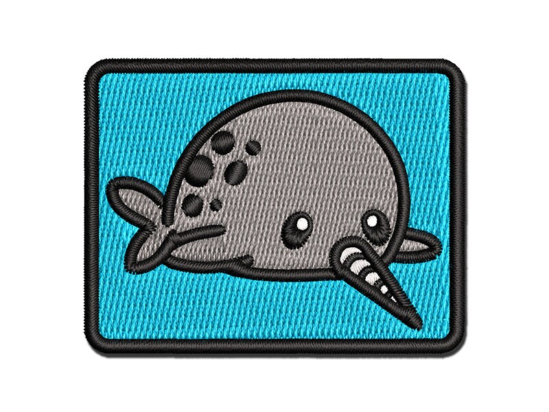 Chibi Narwhal Plopped on Belly Multi-Color Embroidered Iron-On or Hook &#x26; Loop Patch Applique
