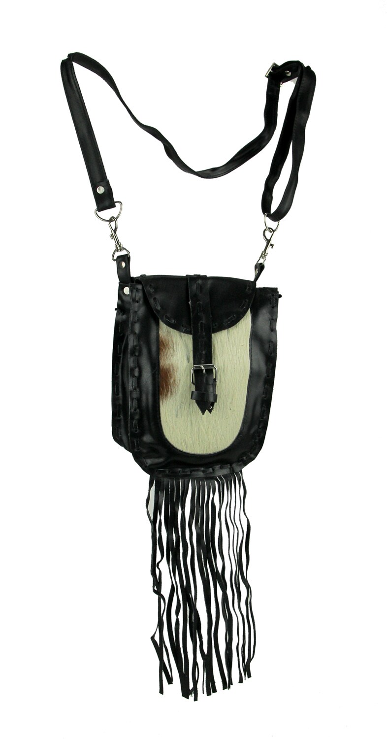 Genuine Leather Hair-On Hide Trim Fringed Crossbody Bag Small