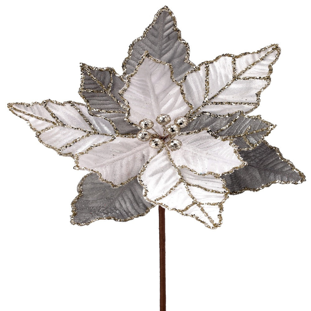 24" White and Silver Glitter Vein Poinsettia Flower with Gold Trim - Christmas Floral Decoration