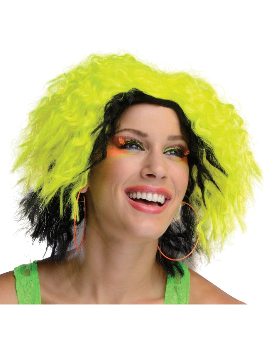 Adult Womens 80s Neon Chic Yellow Black Rave Dance Costume Wavy Wig