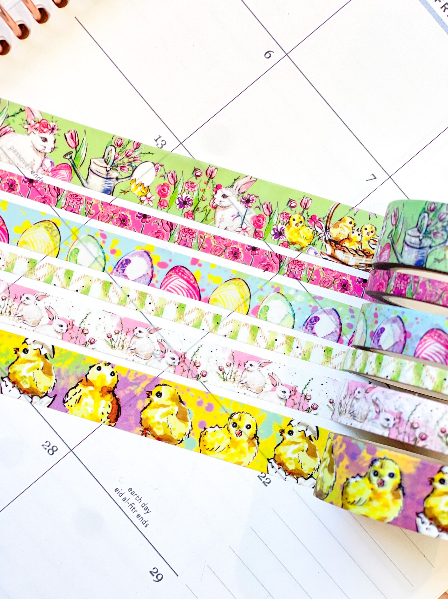 Easter Bunnies Chicks Yellow and Pink Easter Eggs Spring Washi Tape Set (#W080)