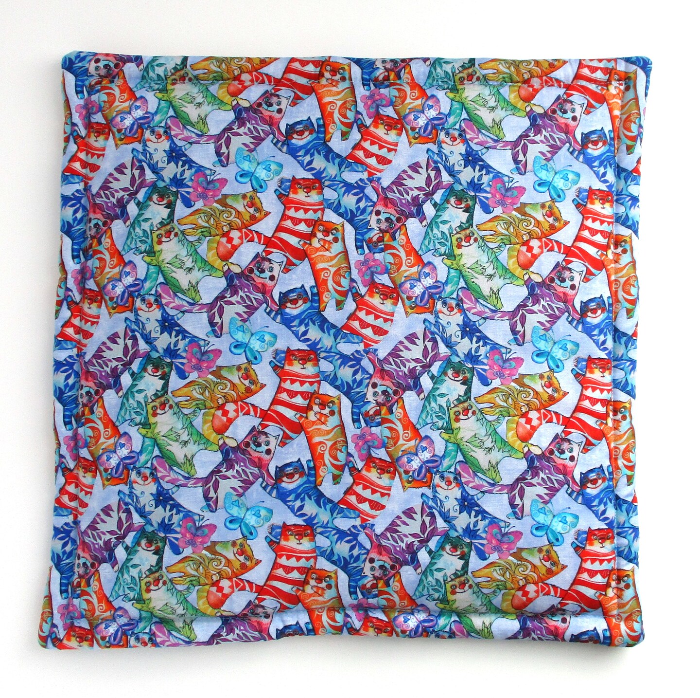 product name is Colorful Catnip Filled Cat Mat, 16.5 by 16.5 inch Cat Bed